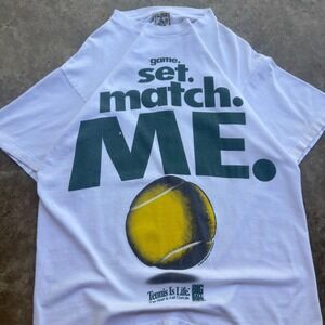 Vintage 90s Big Ball Sports Tennis Graphic Tee Single Stitch White L k3